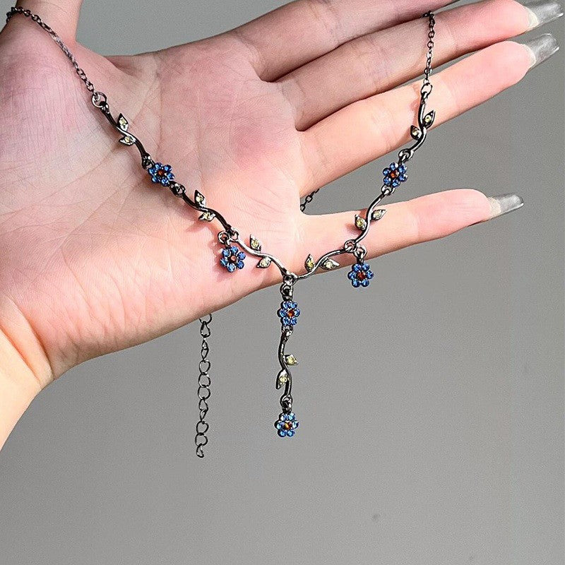 Wholesale Blue plum blossom glaze necklace French retro clavicle chain